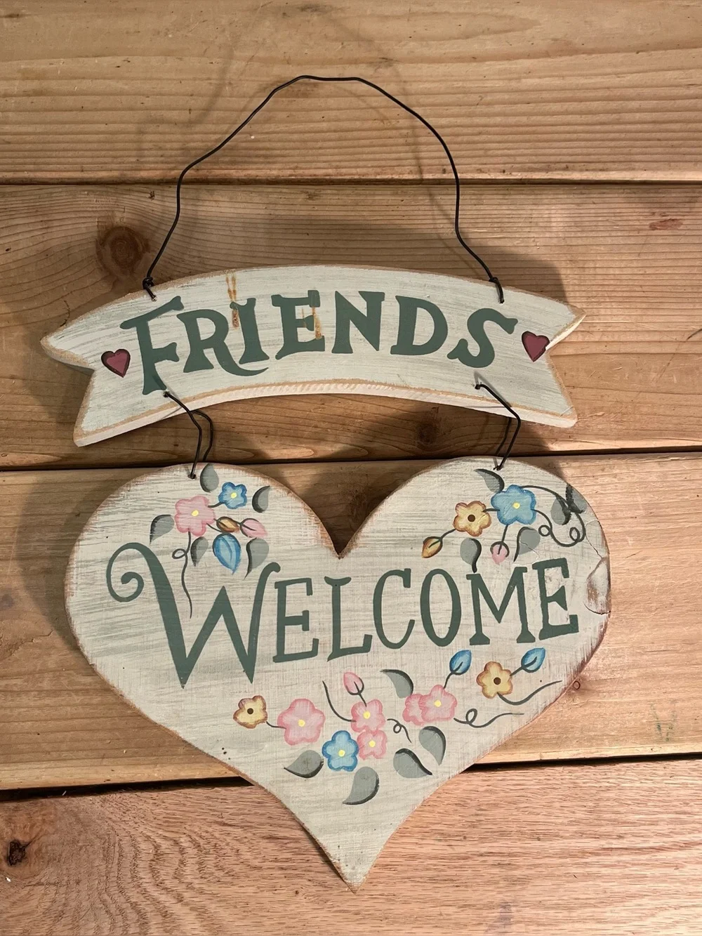 Wood Heart Floral Welcome Wall Hanging Country Garden Cottage Core Painted